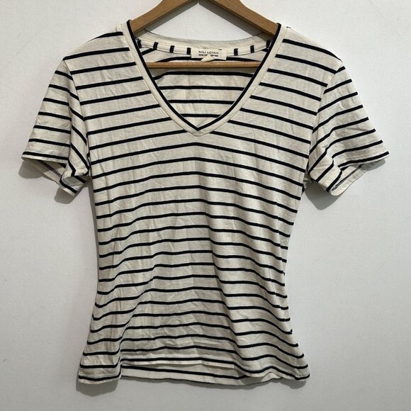Nili Lotan Tops - NILI LOTAN Womens Carol V-Neck T-Shirt Short Sleeve Tee Ivory Cobalt Stripe Sz S